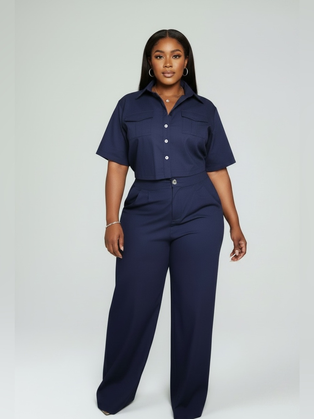 Navy Short-Sleeve Button Crop Shirt & Wide-Leg Pants Set
